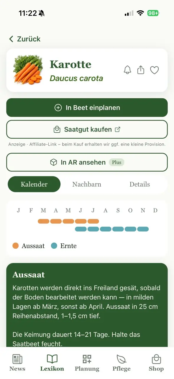 Plant profile with season calendar, sowing description and View-in-AR button